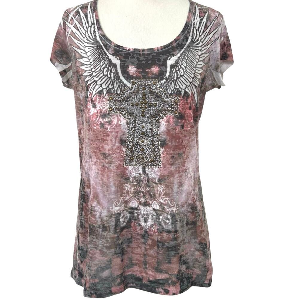 Liberty Burnout Wing Cross Graphic Tee Grunge Biker Style Large